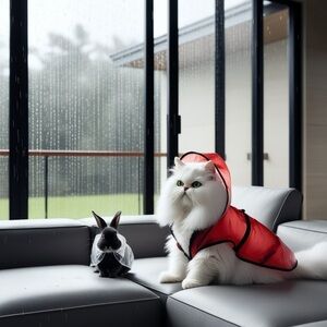 HANDCRAFTED digital art of a cat and rabbit in rain jackets high quality prints
